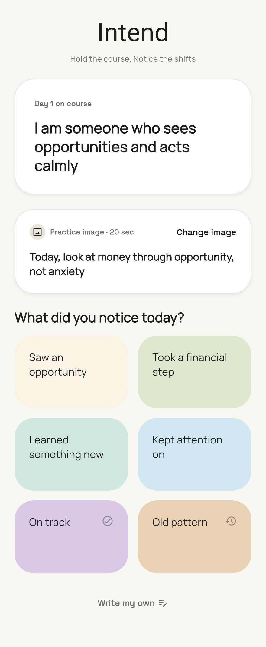 Intend home screen showing a daily intention and reflection choices